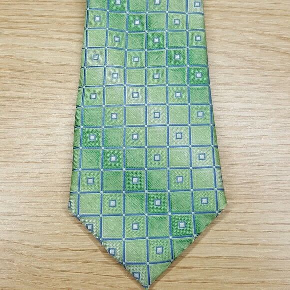 PERRY ELLIS Mens Neck Tie Green Satin Geo Tile Square Gradient Ombre Classic - Picture 1 of 6